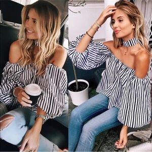 Off The Shoulder Black and White Stripe Shirt